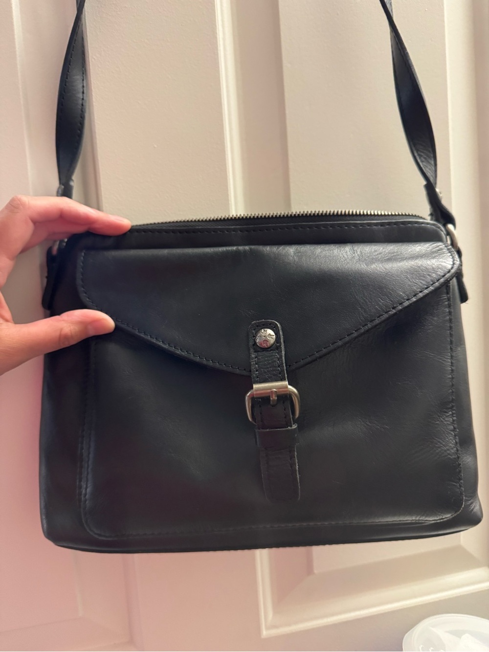 Patricia Nash Black Leather Crossbody Bag with Buckle Detail